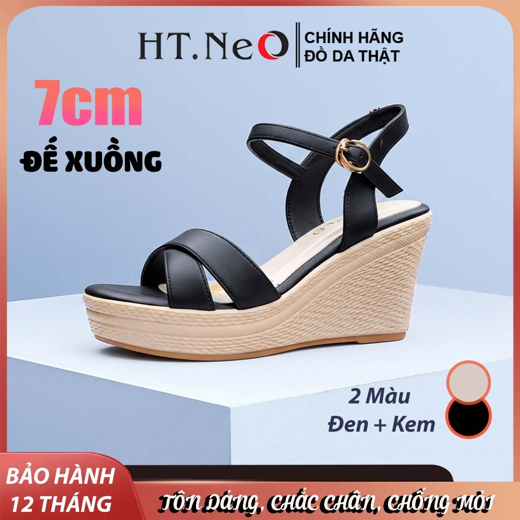 Sandal nữ đế xuồng 7cm HT.NeO, Giày nữ da bò tôn dáng chắc chân 2 quai đan chéo mặc áo dài  phong cách thanh lịch Sd9452