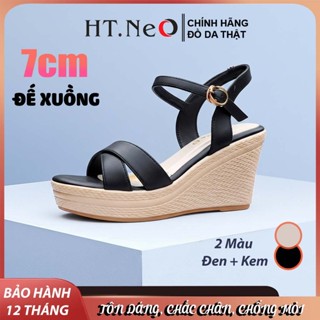 Sandal nữ đế xuồng 7cm HT.NeO, Giày nữ da bò tôn dáng chắc chân 2 quai đan chéo mặc áo dài  phong cách thanh lịch Sd9452