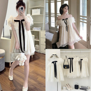 Đầm Váy Trễ Vai Đính Nơ Đen Dài Đính Ngọc Chất Kim Sa Lấp Lánh Bling Bling Tiểu Thư 