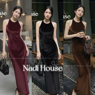  D59   Đầm NHUNG CỔ YẾM Nadi House,dáng body suông có xẻ sau chất nhung mềm xịn 