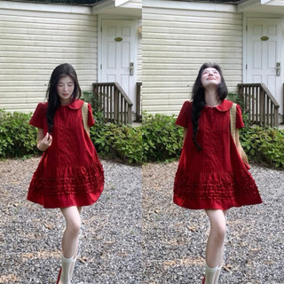  Đầm Đỏ Tết,Noel  KÈM DÂY CỘT EO ,Đầm Babydoll Suông Giáng Sinh Phối Bèo Tầng Cổ Tròn Tiểu Thư Nữ Tính Nhẹ Nhàng Tôn Da 