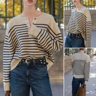  Áo len be kẻ ke tây ngang cổ tròn khuy ngực dáng rộng nữ tính len mềm mịn ấm áp mặc đẹp thu đông 