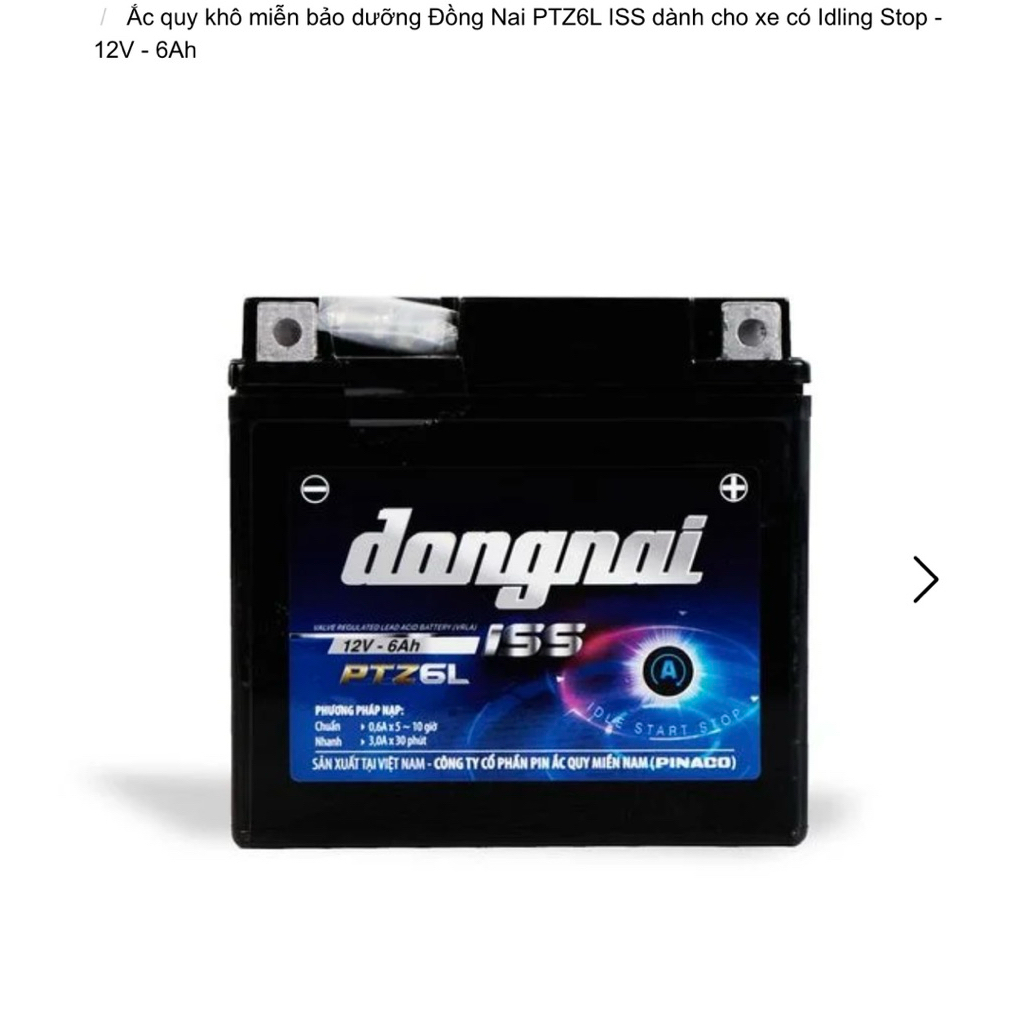 Bình acquy xe máy khô miễn bảo dưỡng Đồng Nai PTZ6L ISS  | 12V - 6Ah, ắc quy xe máy honda 12v.