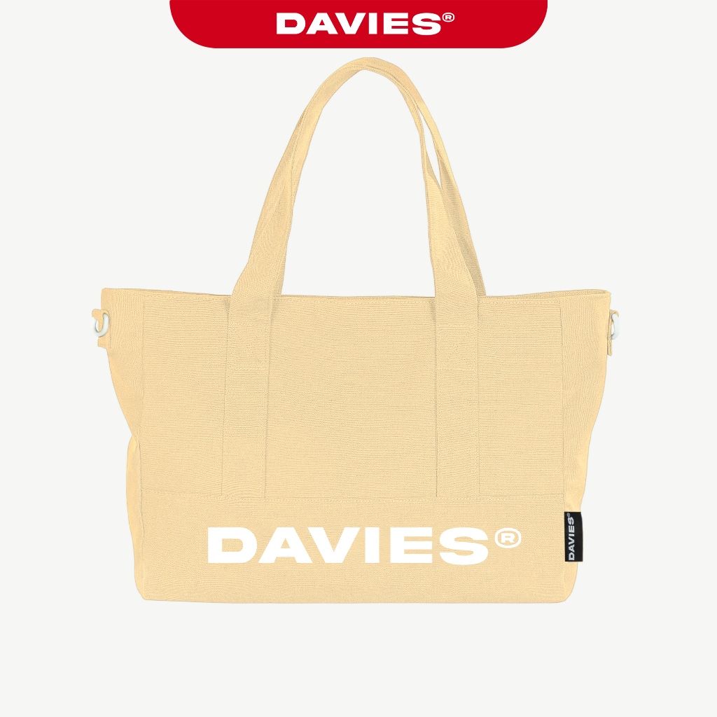 Túi tote đeo chéo vải canvas 2 mặt DAVIES in chữ và logo inox quai đeo tháo rời có lót dù màu kem Medium Tote | D-B69-K
