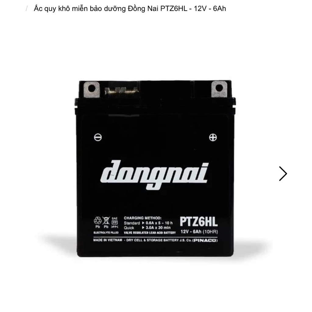 Bình acquy xe máy khô miễn bảo dưỡng Đồng Nai PTZ6HL | 12V - 6Ah, bình ắc quy xe máy honda 12v.