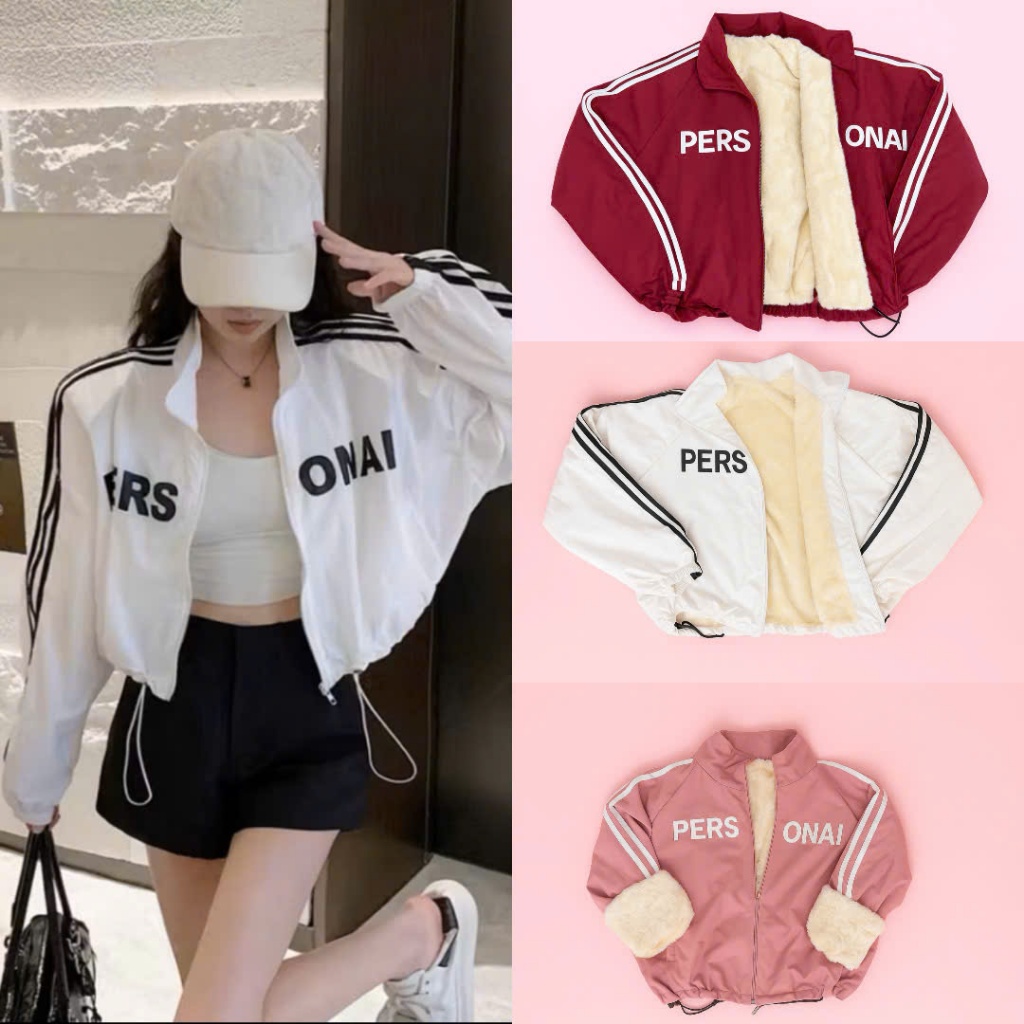Áo Khoác Gió Nữ 2 Lớp Lót Lông, Dáng Croptop Dây Rút Phong Cách Thể Thao, Kiểu Basic Thời Thượng.