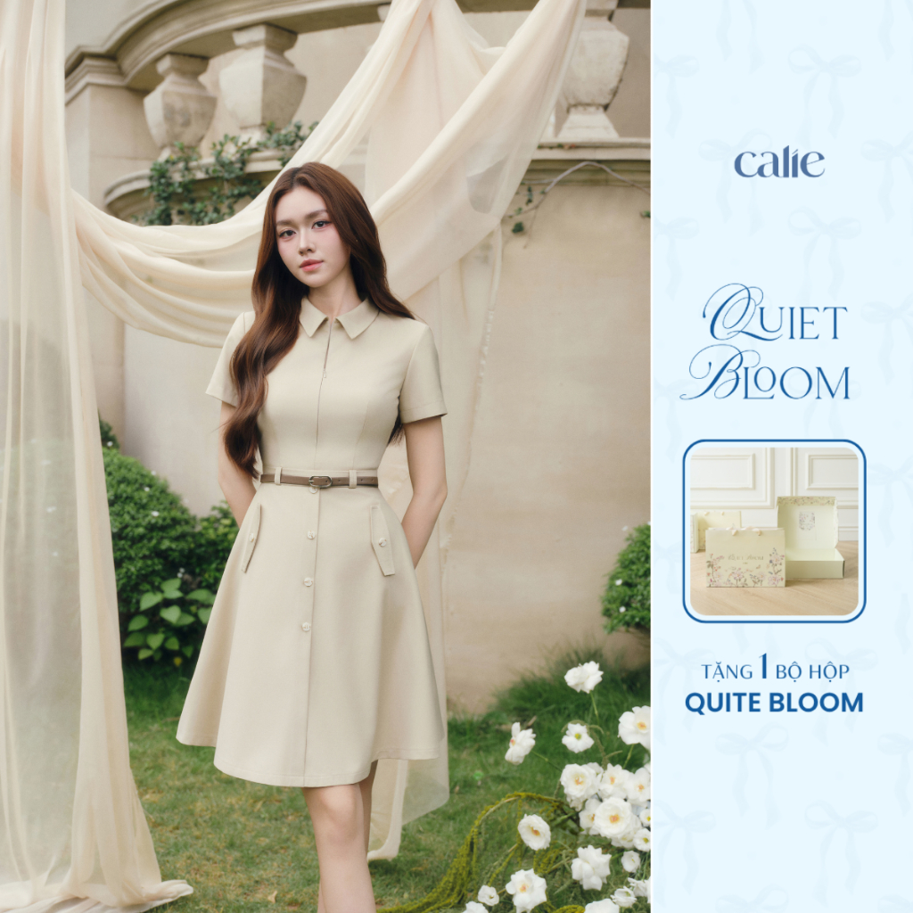 (QUIET BLOOM)  Váy dáng xòe chất liệu cao cấp cổ kéo khóa túi giả, form Basic thanh lịch thời trang Calie VX276