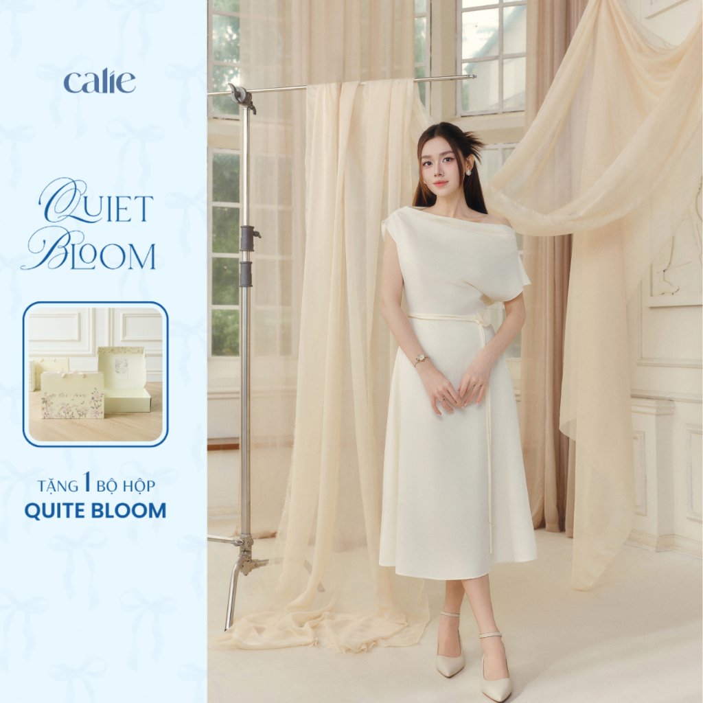 (QUIET BLOOM) Váy dáng xòe chất tơ lệch vai hoa eo, mềm mát, thanh lịch, sang trọng thời trang nữ Ca