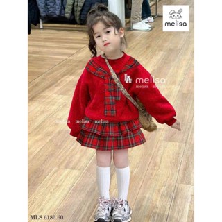   Hàng Loại 1  Đồ Tết cho bé gái Bộ Thu Đông bé gái áo nỉ  kèm khăn phối chân váy kẻ 2 tầng cho bé 8-23kg Baby Trendy 