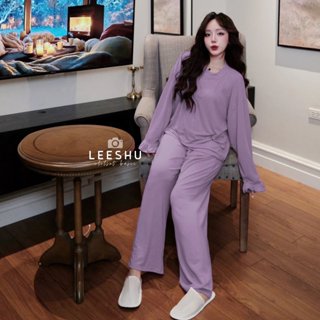   MÃ MỚI  Bộ Thun Lạnh Cổ Tròn Tay Bèo có Bigsize,Bộ ủ kem áo tay dài quần ống suông rộng Leeshu vải thun lạnh cotton mềm 