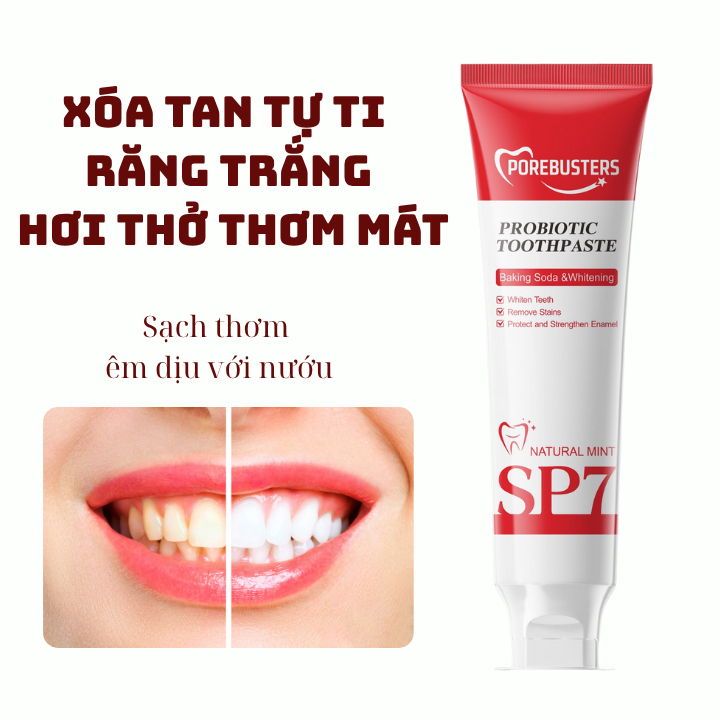 Kem đánh răng SP7 với 7 loại Probiotic và Banking Soda làm trắng răng bảo vệ nướu cho hơi thở thơm mát sảng khoái