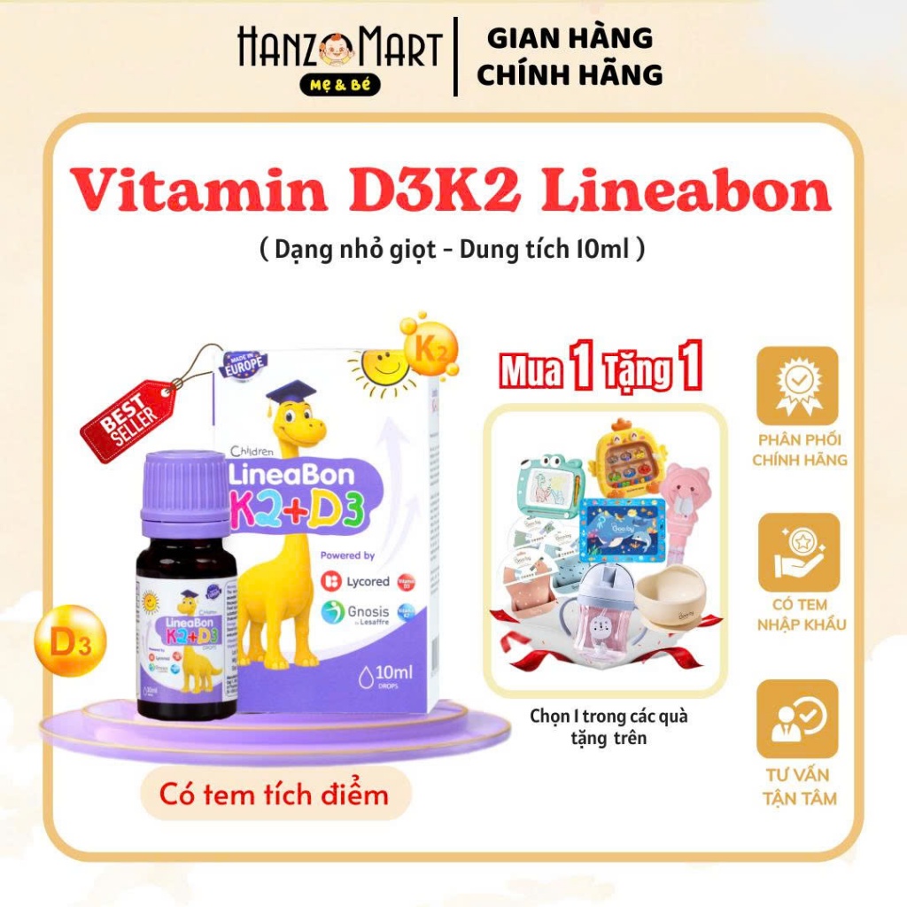 D3 K2 Lineabon bổ sung Vitamin D3 cho trẻ sơ sinh, giúp hấp thụ D3K2 Canxi, giảm còi xương, lọ 10ml