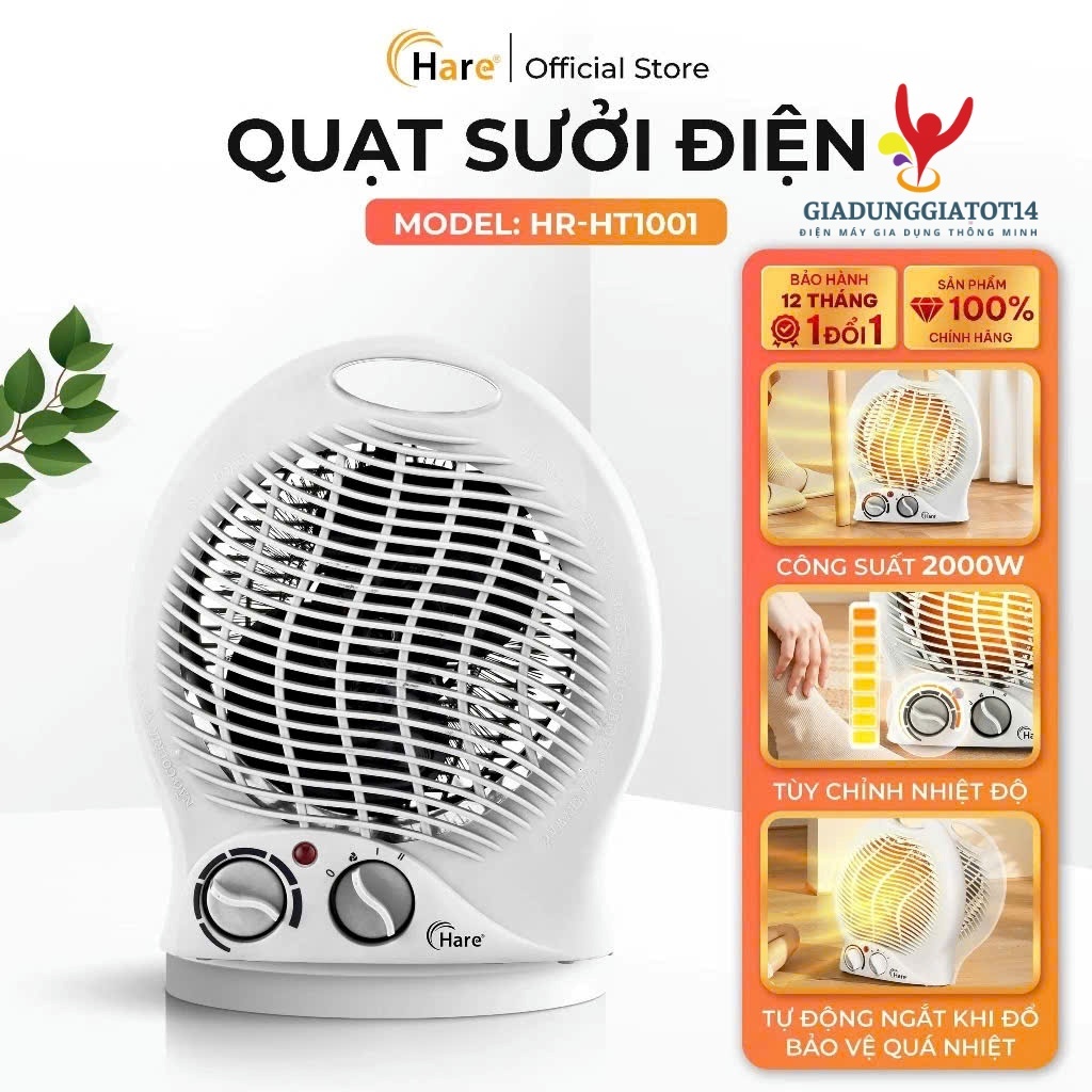 Quạt Máy sưởi gốm mini Hare HR-HT1001 làm ấm sưởi cho bé tắm, sưởi ấm không khô da - Bh 12 tháng