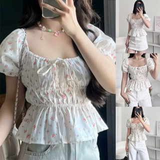  ÁO KIỂU NỮ LINEN TRỄ VAI IN HOA NHÍ THẮT DÂY CỔ VUÔNG NHÚN EO BB71 HOA 