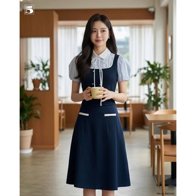 Set bộ nữ Twentyfive áo kiểu tay bồng, phối sơ mi, dây nơ cổ và chân váy dáng dài SACM22