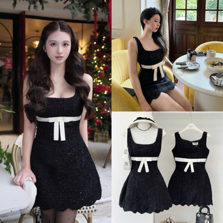  Đầm Váy Dạ Tweed Đen Sát Nách 2 Dây Viền Trắng Nơ To Tiểu Thư 