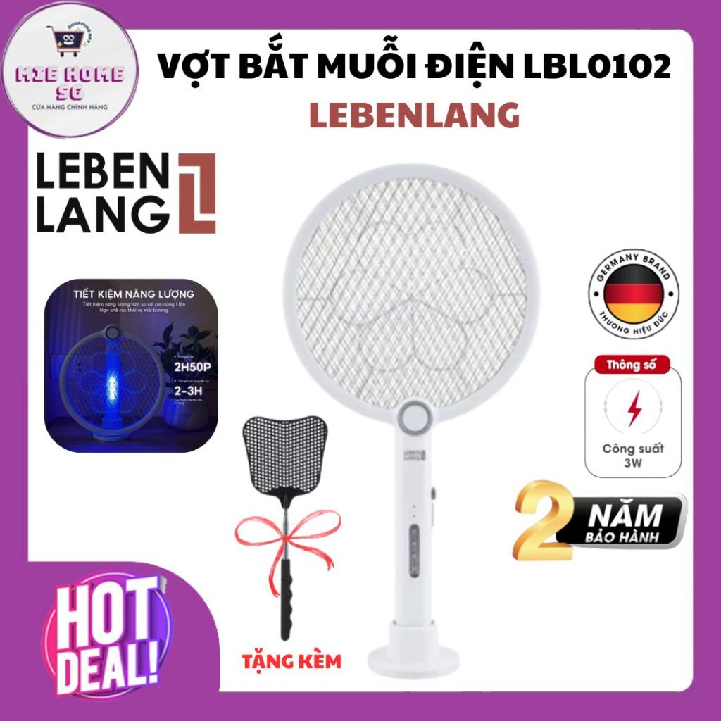 Vợt muỗi điện Lebenlang LBL0102, đèn bắt muỗi 2in1 tự động, 3W, an toàn khi sử dụng, tặng đập côn tr