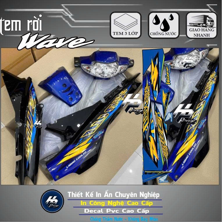 Tem dán xe wave 100 xanh đen,mẫu wave s-in decal pvc 3 lớp-thời trang-không bay màu
