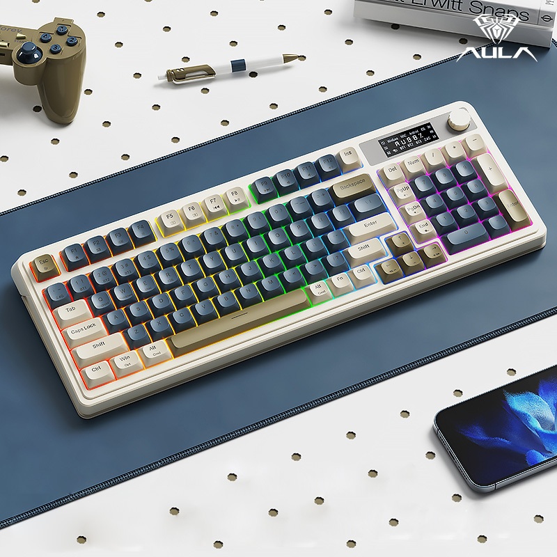 AULA S99PRO Bàn phím màng 99 phím có dây Bluetooth 2.4G RGB màn hình hiển thị LCD Con lăn đa chức năng | BigBuy360 - bigbuy360.vn