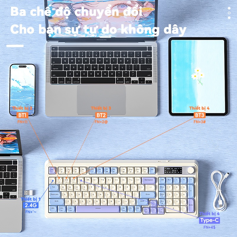 AULA S99PRO Bàn phím màng 99 phím có dây Bluetooth 2.4G RGB màn hình hiển thị LCD Con lăn đa chức năng | BigBuy360 - bigbuy360.vn
