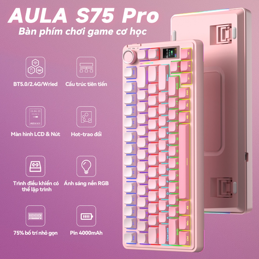 AULA S75PRO Bàn phím cơ khí Tri-mode Hot Swap với núm và màn hình hiển thị đa chức năng RGB Light Effect | BigBuy360 - bigbuy360.vn