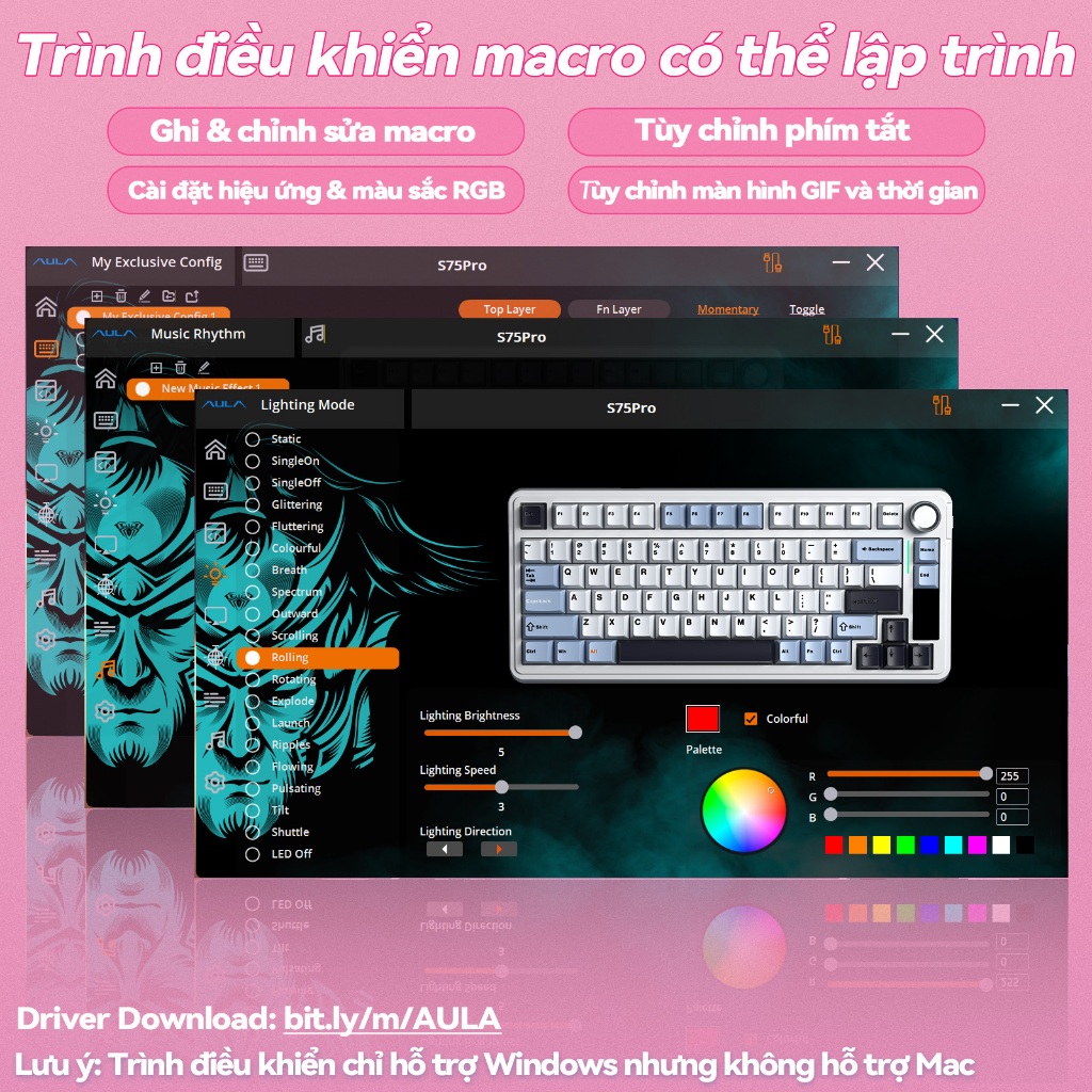 AULA S75PRO Bàn phím cơ khí Tri-mode Hot Swap với núm và màn hình hiển thị đa chức năng RGB Light Effect | BigBuy360 - bigbuy360.vn