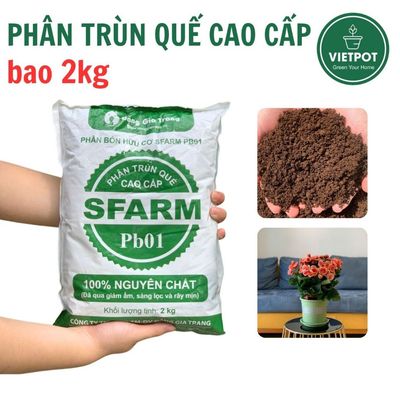 Phân Trùn Quế Cao Cấp Vietpot, Sfarm, bao 2kg, hữu cơ, phát triển cây kiểng, hoa hồng, rau củ quả