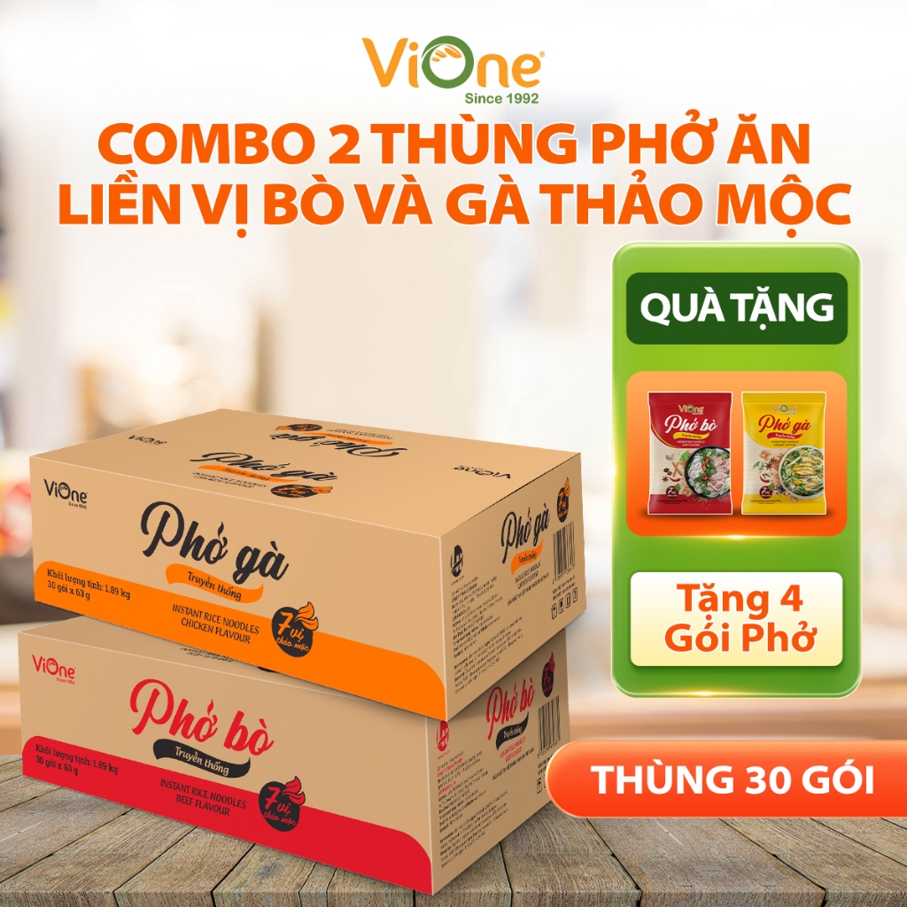 Combo 2 thùng phở ăn liền vị bò/gà thảo mộc ViOne, phở khô gia vị phở bò/gà thùng 30 gói