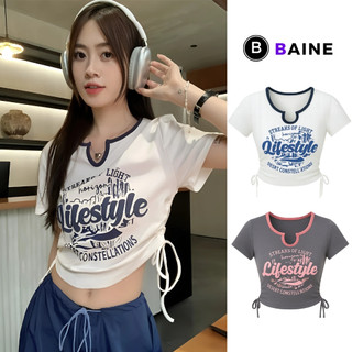 Áo Croptop Tay Ngắn Cổ Tròn LIFE STYLE Cổ Xẻ V Rút Dây 2 Bên Nữ BM00.1_BM57, Áo Thun Chất Borip Ôm Body Kiểu In Họa Tiết