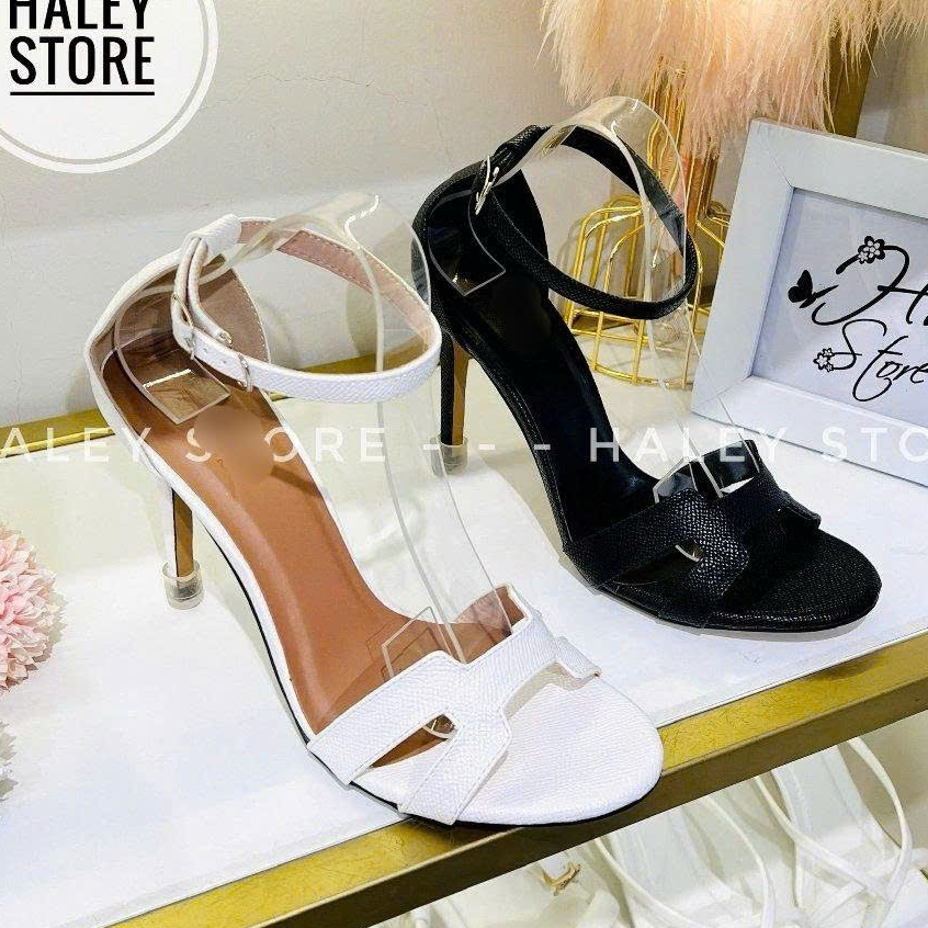 Giày sandal H M HALEY STORE gót nhọn 9cm quai ngang chữ H mũi tròn thời trang sang chảnh tiểu thư rẻ