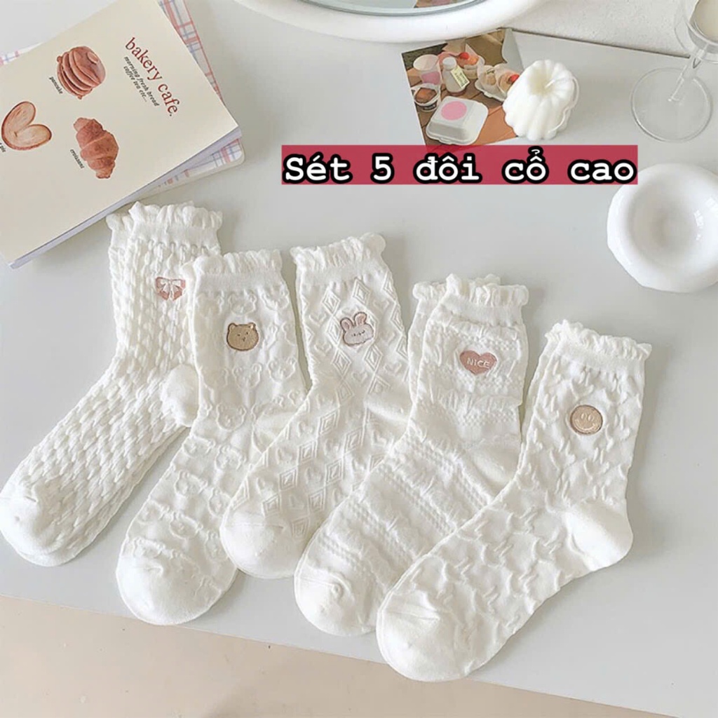 Set 5 Đôi Tất Trắng Cổ Cao Vintage, Tất Nữ Thêu Hình Dễ Thương Chất Liệu Cotton Co Giãn