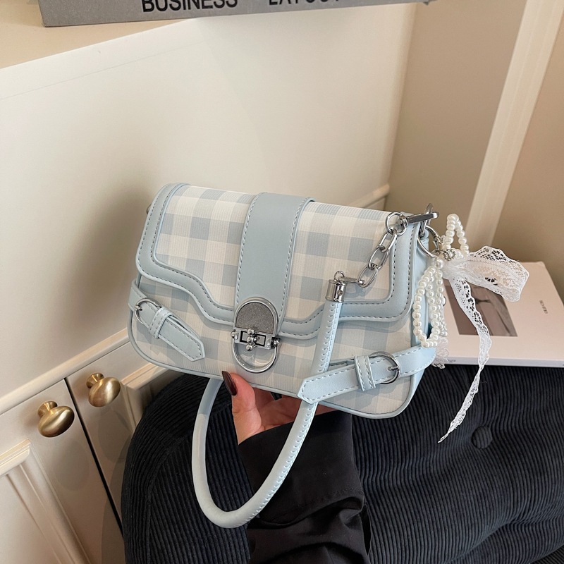 Túi xách nữ,đeo chéo + đeo vai caro trắng-xanh pastel – Dây đeo tháo rời & điều chỉnh Chanbee A12