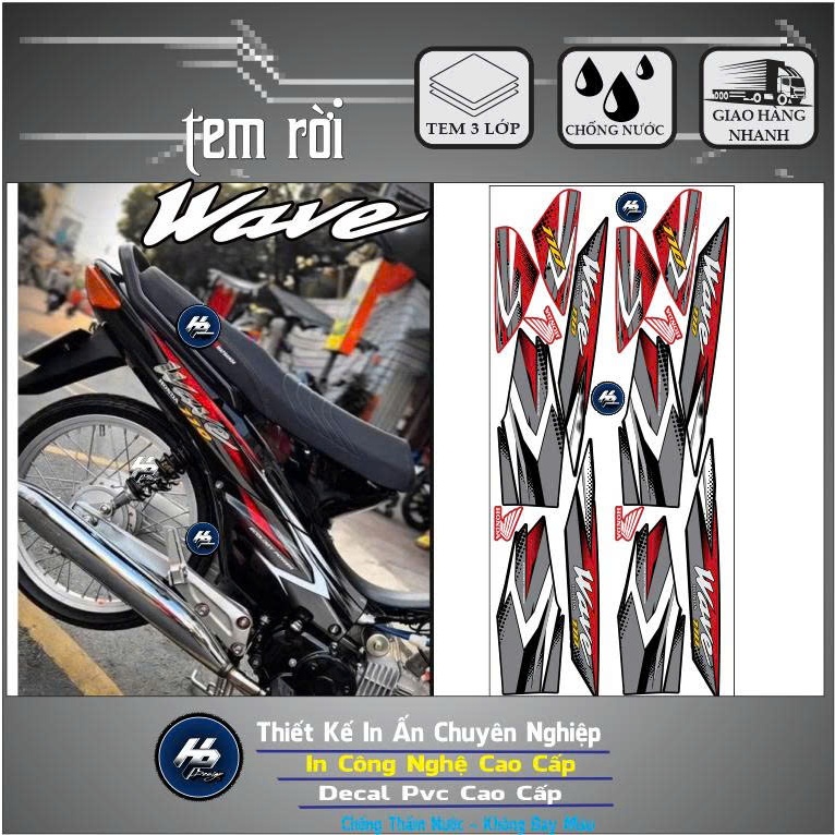 Tem Rời Wave 110 Đỏ Đen Bạc – Tem Xe Wave Nhỏ 3 Lớp Chống Nước PVC Cao Cấp Dán Xe Đẹp Bền Màu