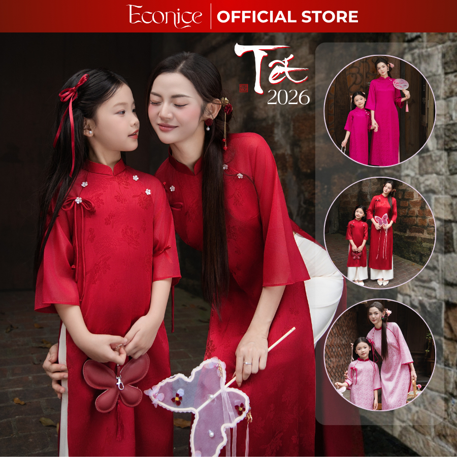  Áo dài tết cách tân nữ cho mẹ và bé gái Econice 2025 vải gấm trẻ em 3 4 5 6 7 9 10 11,12 tuổi 