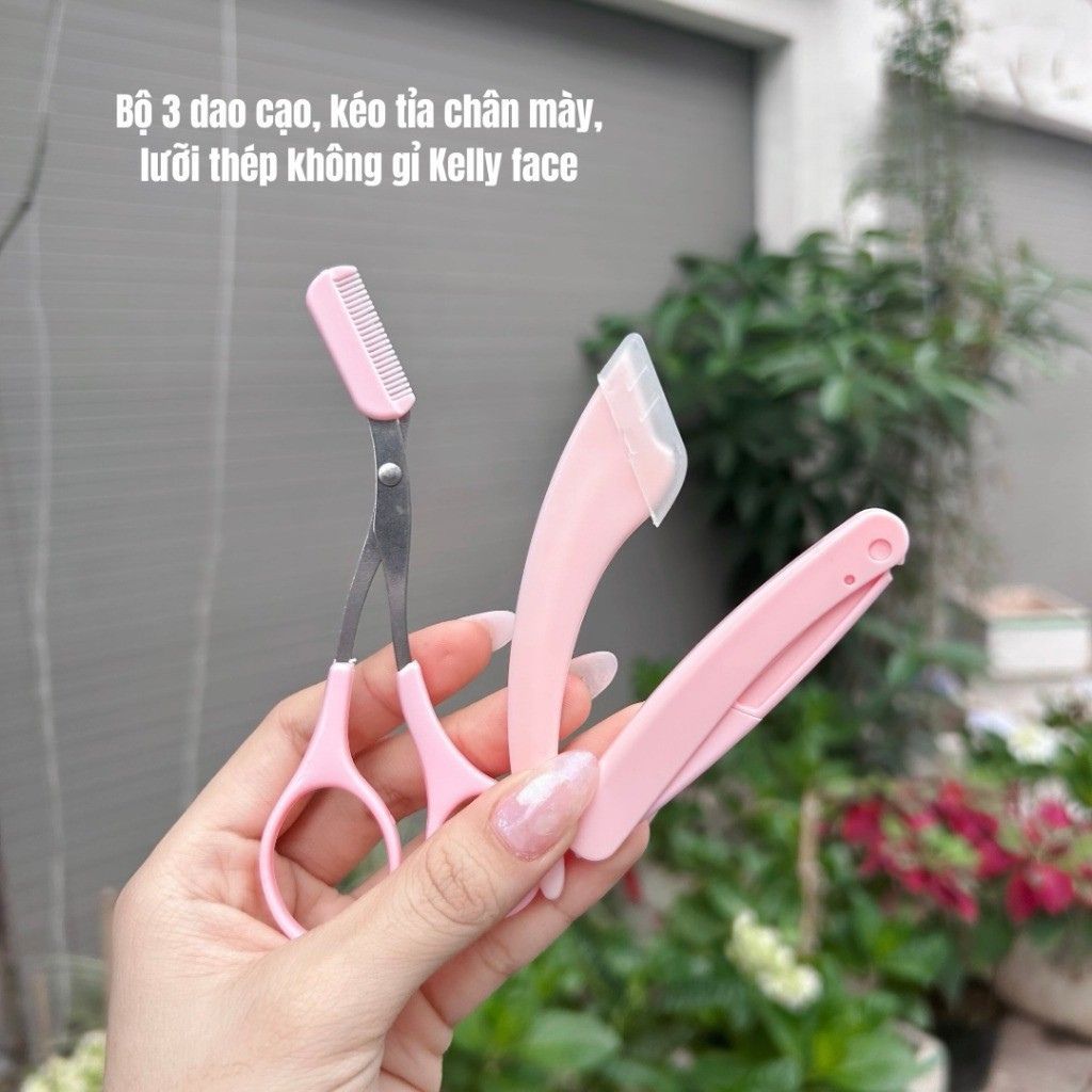 Dao cạo lông mày 3 món lưỡi thép nhà Kelly gồm kéo tỉa chân mày, bộ dụng cụ 2 dao gấp gọn, an toàn.