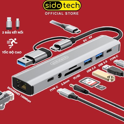 Hub type c usb 3.0 laptop macbook SIDOTECH UT9D cổng chia 2 đầu 9 port chuyển đổi mở rộng usb thẻ nhớ TF SD lan mạng 3.5