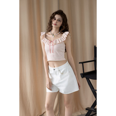 MARC FASHION Áo Thun Gân Sọc Ngang Bèo Cổ Đính Nơ - CBQH050125