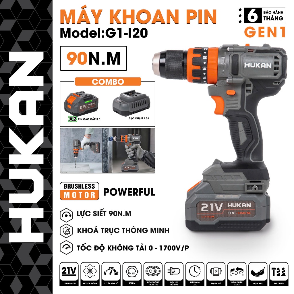 Máy khoan 13mm Hukan HM21-G1-I20,Lực siết 90N.m,Động cơ không chổi than,Chân Pin phổ thông