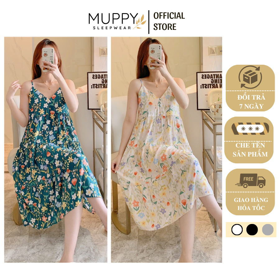 V27 Đầm Mặc Nhà Mặc Ngủ 2 Dây Dáng Dài MUPPY Chất Lanh Lụa (tole) Mát Nhiều Họa Tiết Dễ Thương Mẹ Bầ