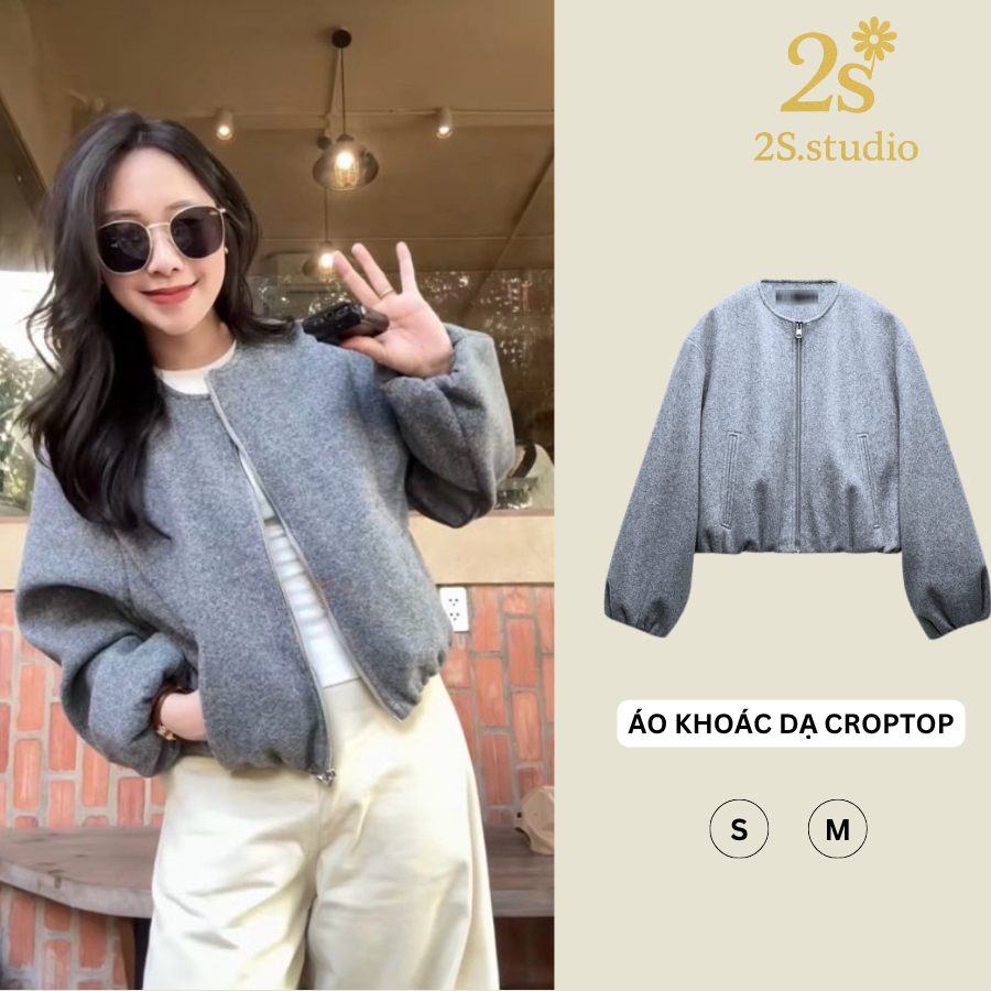 [HÀNG QC L1]Áo khoác dạ ép bo chun nữ cổ tròn 2s Studio dáng croptop khóa xám tiêu 2 lớp dày dặn điệ