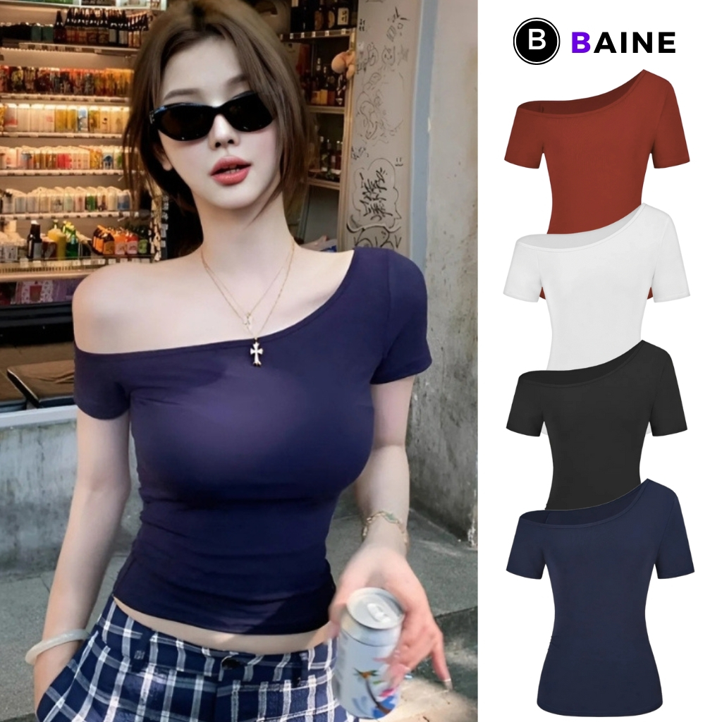 Áo Thun Tay Ngắn TRỄ VAI 1 BÊN DÁNG DÀI Thun Gân Trơn DD100, Áo Thun Nữ Kiểu Lệch Vai Ôm Body BAINE