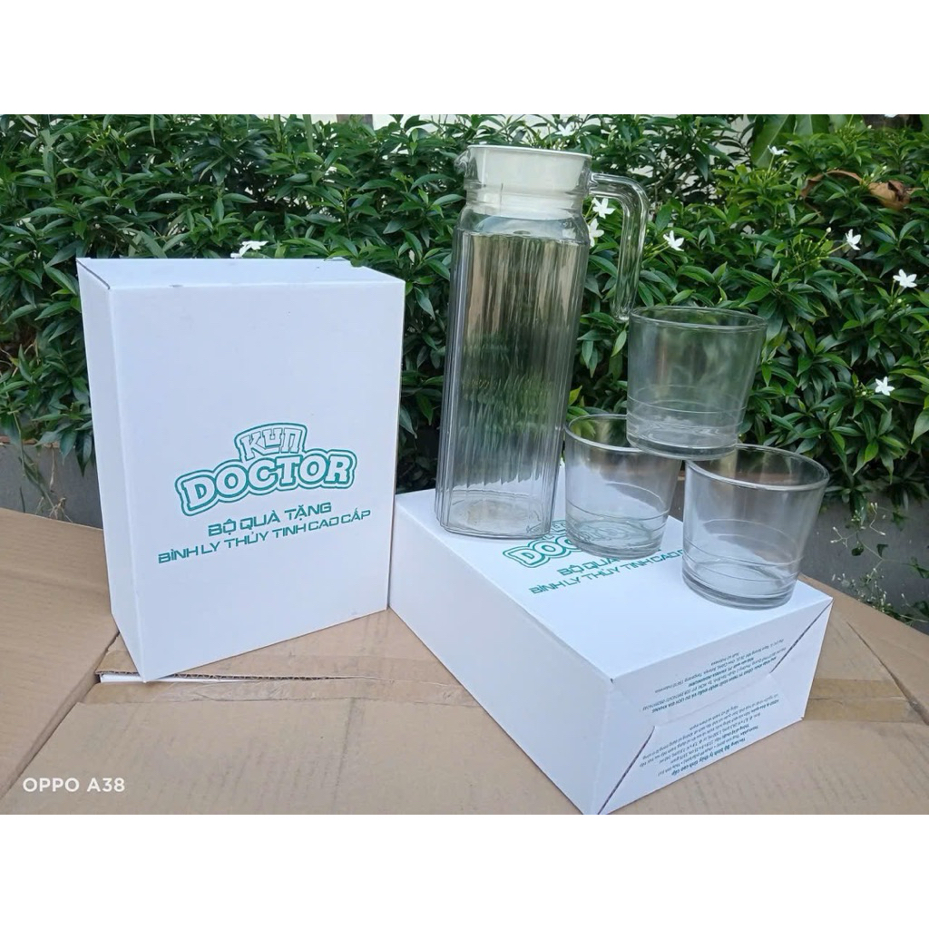 🍀Bộ bình ly thủy tinh QT KUN 1 bình 1100ml và 3 ly 200ml
