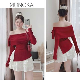  Set đồ nữ áo thun bo tăm trễ vai thắt nơ dài tay ôm body xẻ vạt chéo Chân váy đầm ngắn ren xòe bồng có quần T411G MONOKA 