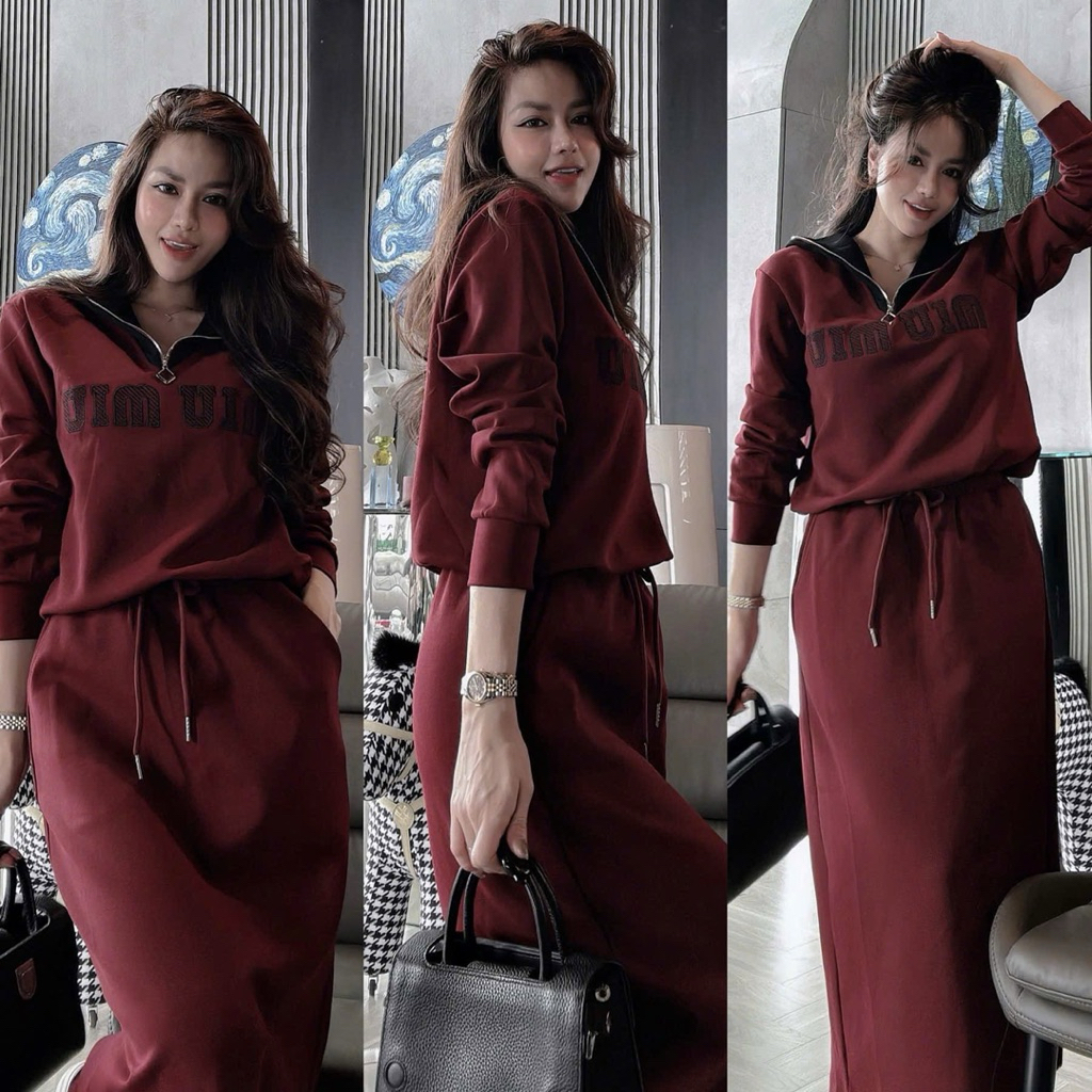 Set bộ nỉ Miu Miu áo hoodie cổ khoá chân váy dáng dài SML