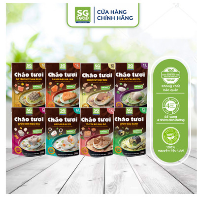Thùng 24 cháo Nâu tươi Mix 8 Vị 240g SG Food (Tổ yến thịt, Sườn, Cá lóc, Cá Hồi, Lươn, Tổ Yến Bò, Hải sản, Chim Cút)