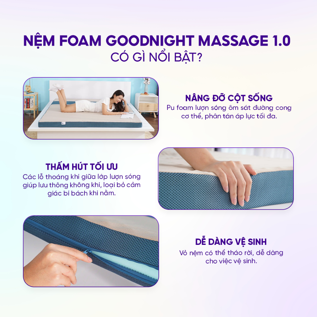 [24-25/6 TẶNG GỐI] Nệm Foam Cấu Trúc Lượn Sóng Goodnight Massage 9/10cm, nệm foam êm, đệm foam | BigBuy360 - bigbuy360.vn