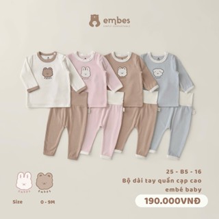  Bộ Dài Tay Sơ Sinh Embes Bộ Dài Tay Quần Cạp Cao Thêu Hình Chất Cotton Dày Dặn Cho Bé Từ 0-9 Tháng 