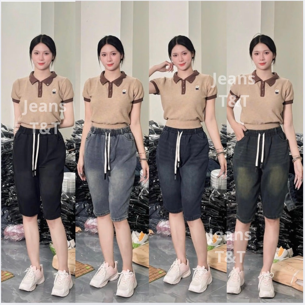 Quần ngố jean nữ cạp chun dây rút form baggy độ dài qua gối chất denim dày dặn đã qua giặt sấy lên m