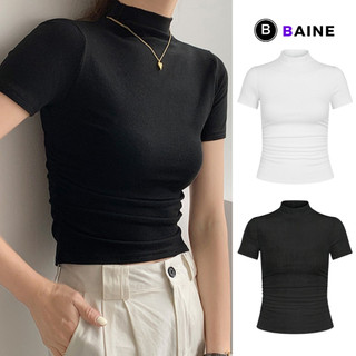 [XẢ HÀNG] Áo Thun TAY NGẮN CỔ LỌ NHÚN EO Chất Thun Gân BM00.1_BM127, Áo Dáng Dài Trơn Nhúm Eo Kiểu Hàn Quốc BAINE