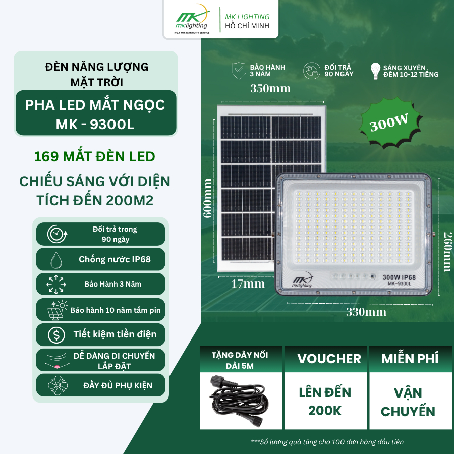 [300W] Đèn Pha Năng Lượng Mặt Trời Mắt Ngọc MK Lighting, Chống Nước IP68 - MK99300L